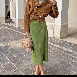 Elegant Green Women's Skirt Suede Winter Autumn Mid-Length Straight Cut Style